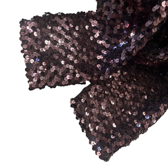 Brown Sequin Open Knit Jacket Cardigan M/L Crochet Glam Preppy Disco Dramatic - Picture 10 of 10